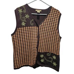 Vintage Bechamel Embroidered Houndstooth Brown Vest Twee Size XL